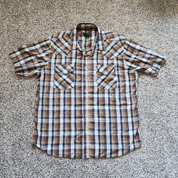 High Noon Mens Pearl Snap Shirt Size XL Brown Plaid Short Sleeve Western Country - Picture 2 of 6
